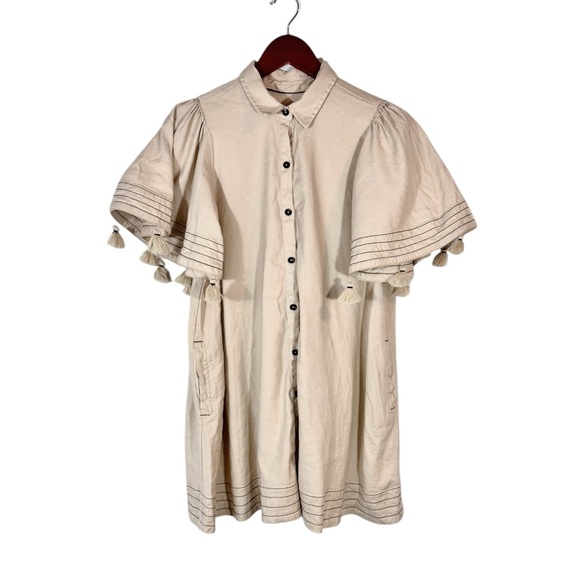 Anthropologie Maeve Collared Linen Blend  Button-Front Tassel Mini Dress Small - Picture 4 of 9